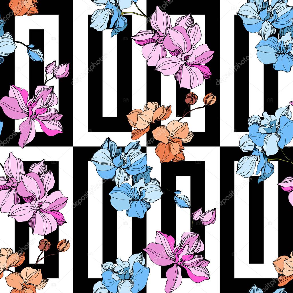 Vector Orange, blue and pink orchids. Wildflowers on ornamental background. Engraved ink art. Seamless background pattern. Wallpaper print texture.
