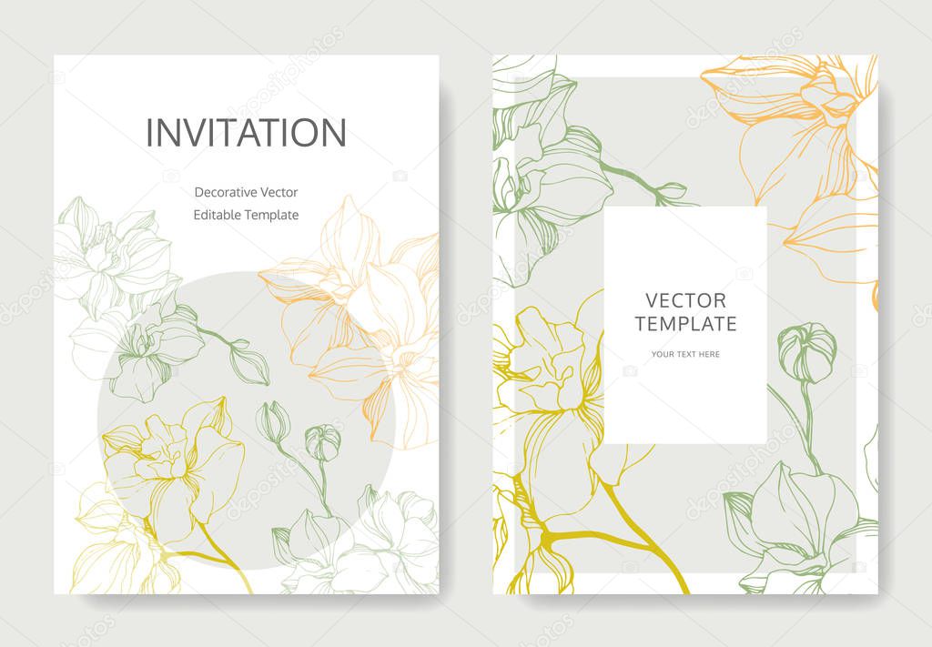 Vector orchids. Engraved ink art. Wedding background cards with decorative flowers. Invitation cards graphic set banner.