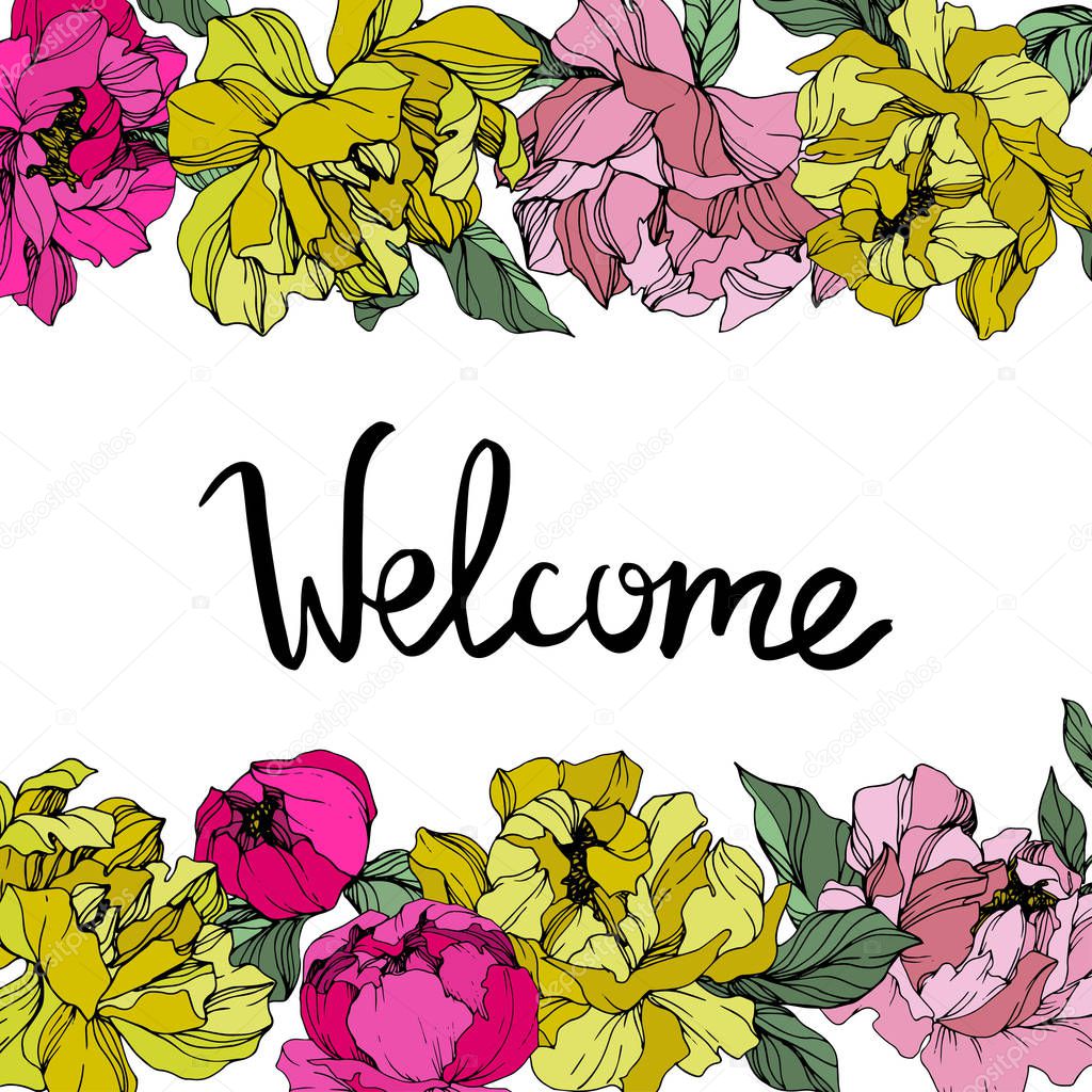 Vector Pink and yellow peonies. Wildflowers isolated on white. Engraved ink art. Floral frame border with 'welcome' lettering