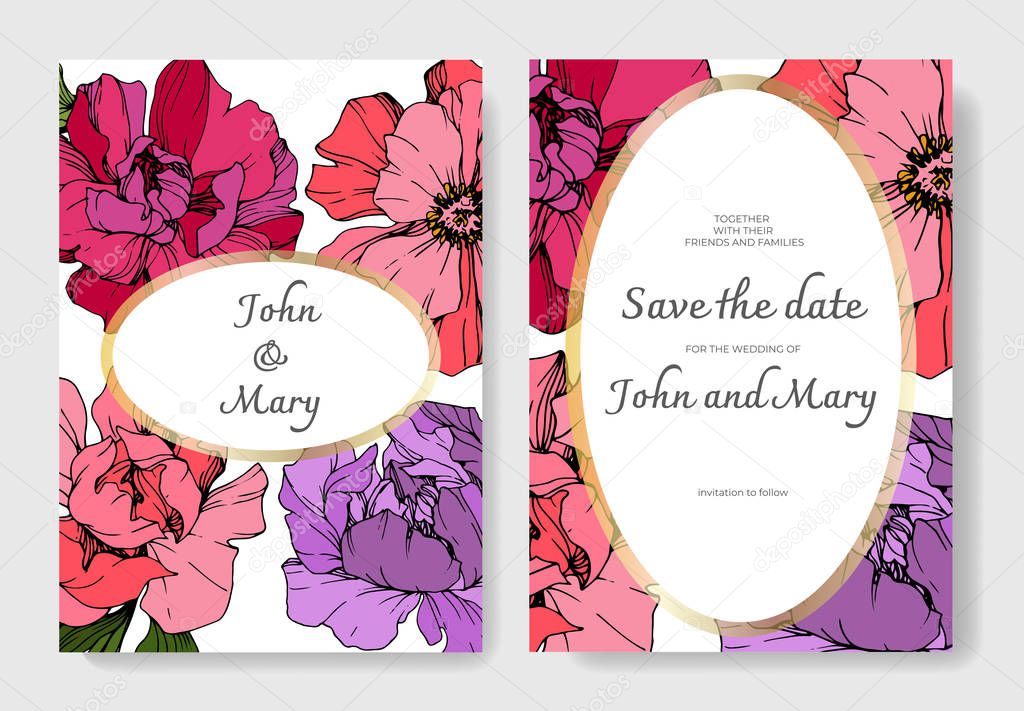Vector pink and purple peonies. Engraved ink art. Save the date wedding invitation cards graphic set banner.