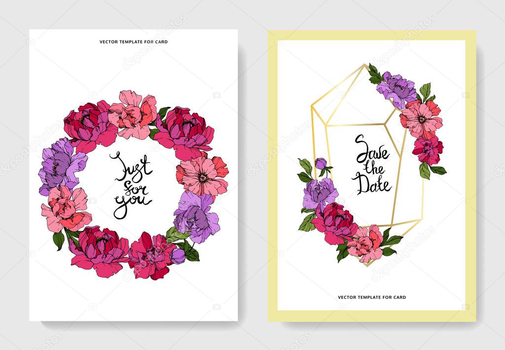 Vector pink and purple peonies. Engraved ink art. Wedding cards with 'thank you' and 'just for you' lettering. Graphic set banner.