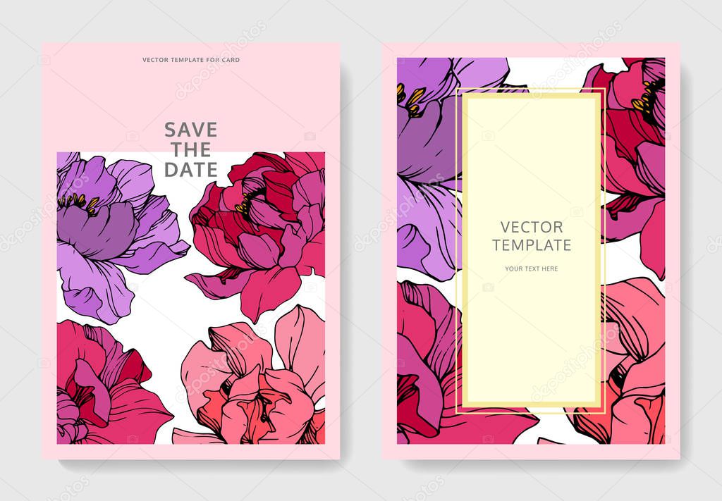 Vector pink and purple peonies. Engraved ink art. Save the date wedding invitation cards graphic set banner.