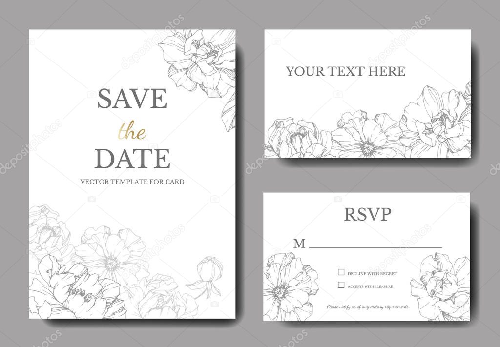 Vector peonies. Engraved ink art. Wedding background cards with decorative flowers. Thank you, rsvp, invitation cards graphic set banner.