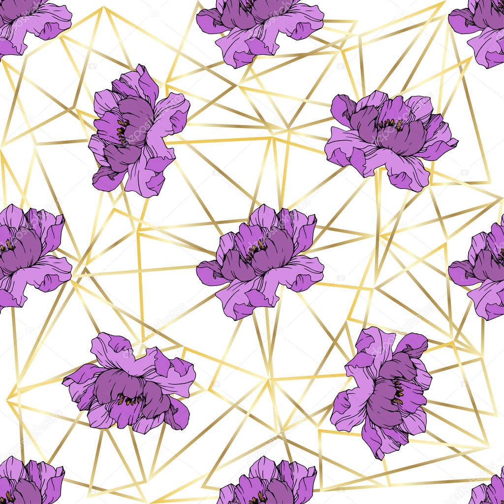 Vector purple peonies on ornamental background. Engraved ink art. Seamless background pattern. Wallpaper print texture.