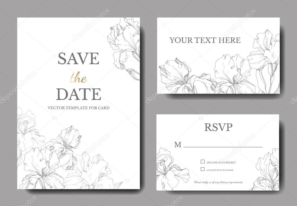 Vector irises. Engraved ink art. Wedding cards with decorative flowers on background. 'Save the date', 'rsvp', invitation cards graphic set banner.