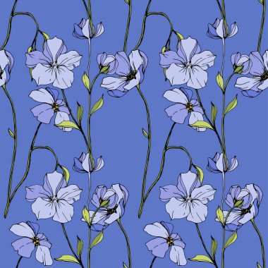 Mavi keten vektör. Mavi izole kır çiçekleri. Oyulmuş mürekkep sanat. Sorunsuz arka plan deseni. Yazdırma doku duvar kağıdı.