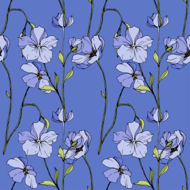 Vector Blue flax. Wildflowers isolated on blue. Engraved ink art. Seamless background pattern. Wallpaper print texture. clipart
