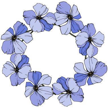 Mavi keten vektör. Çiçekler beyaz izole. Oyulmuş mürekkep sanat. Çiçekli çerçeve kenarlığı.