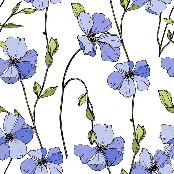 青い亜麻をベクトルします 野生の花が白で隔離 刻まれたインク アート シームレスな背景パターン プリントのテクスチャーを壁紙します — ストックベクタ
