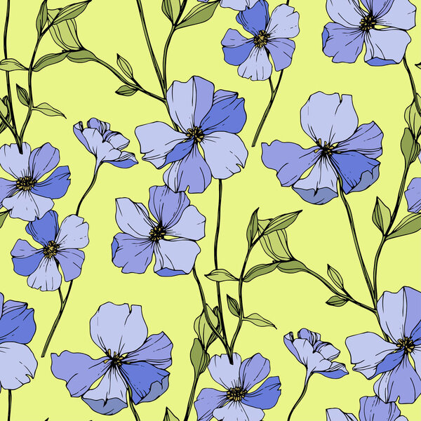 Vector Blue flax. Wildflower isolated on yellow. Engraved ink art. Seamless background pattern. Wallpaper print texture.