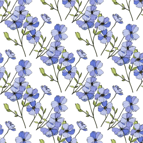 Vector Blue Flax Wildflowers Isolated White Engraved Ink Art Seamless — Stock Vector