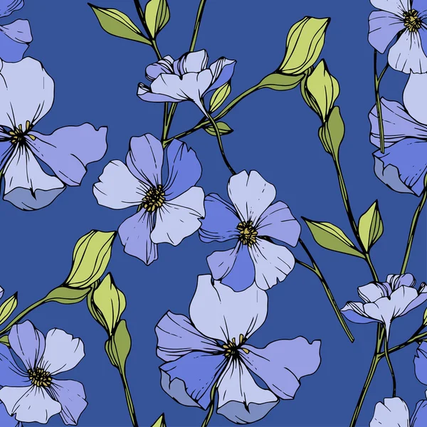 Vector Blauwe Vlas Wilde Bloemen Geïsoleerd Blauw Gegraveerde Inkt Art — Stockvector