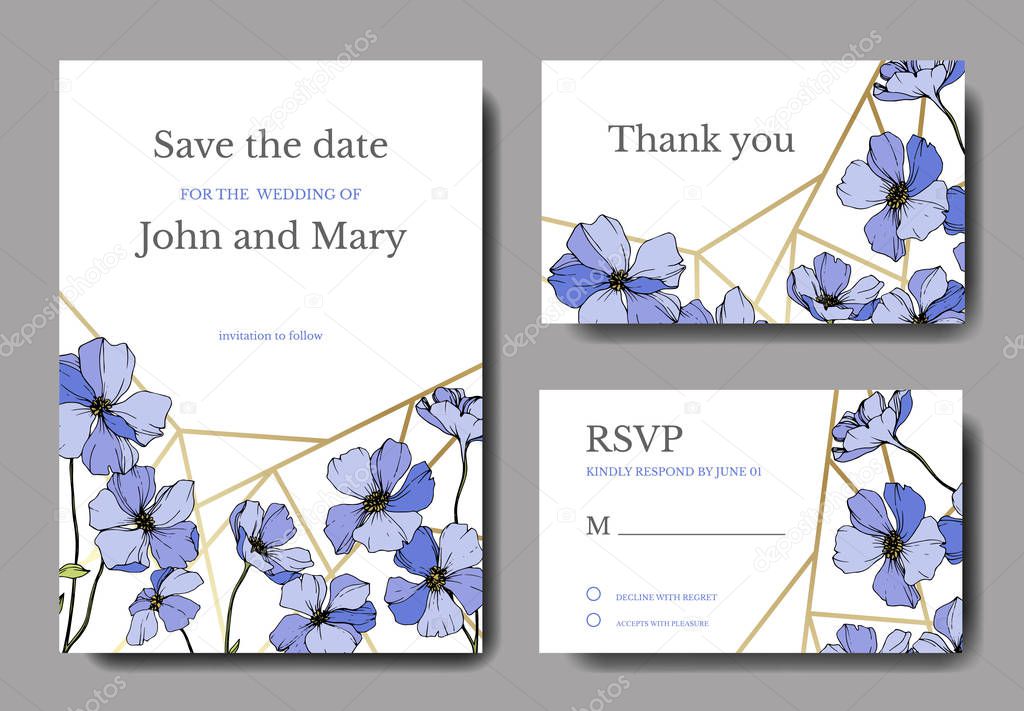 Vector Flax. Engraved ink art. Wedding background cards with decorative flowers. Thank you, rsvp, invitation cards graphic set banner.