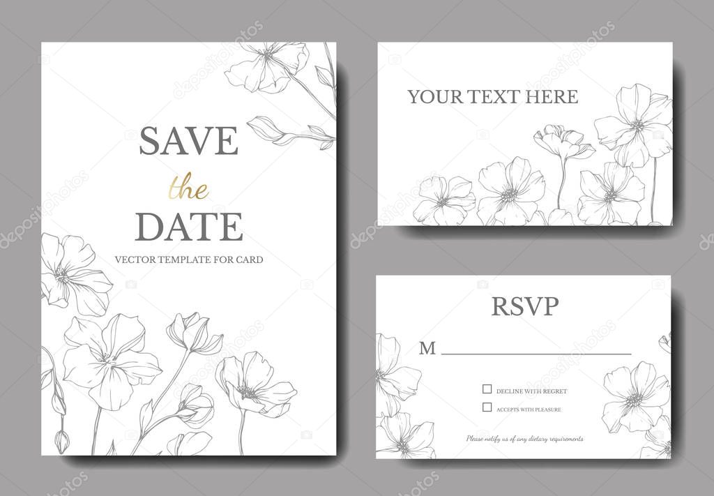 Vector Flax. Engraved ink art. Wedding background cards with decorative flowers. Rsvp, invitation cards graphic set banner.