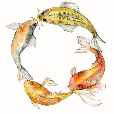 Sulu boya su sualtı renkli tropikal balık seti. Kızıldeniz ve egzotik balıkları içinde: Goldfish. Aquarelle öğeler için arka plan, doku, sarıcı desen. Çerçeve kenarlığı süsleme Meydanı.