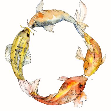 Sulu boya su sualtı renkli tropikal balık seti. Kızıldeniz ve egzotik balıkları içinde: Goldfish. Aquarelle öğeler için arka plan, doku, sarıcı desen. Çerçeve kenarlığı süsleme Meydanı.