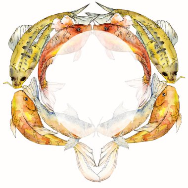 Sulu boya su sualtı renkli tropikal balık seti. Kızıldeniz ve egzotik balıkları içinde: Goldfish. Aquarelle öğeler için arka plan, doku, sarıcı desen. Çerçeve kenarlığı süsleme Meydanı.