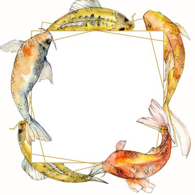 Sulu boya su sualtı renkli tropikal balık seti. Kızıldeniz ve egzotik balıkları içinde: Goldfish. Aquarelle öğeler için arka plan, doku, sarıcı desen. Çerçeve kenarlığı süsleme Meydanı.