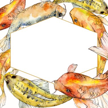 Sulu boya su sualtı renkli tropikal balık seti. Kızıldeniz ve egzotik balıkları içinde: Goldfish. Aquarelle öğeler için arka plan, doku, sarıcı desen. Çerçeve kenarlığı süsleme Meydanı.