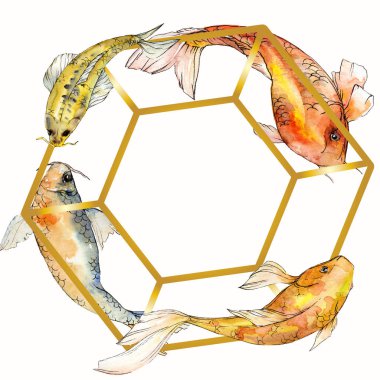 Sulu boya su sualtı renkli tropikal balık seti. Kızıldeniz ve egzotik balıkları içinde: Goldfish. Aquarelle öğeler için arka plan, doku, sarıcı desen. Çerçeve kenarlığı süsleme Meydanı.