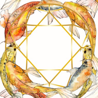 Sulu boya su sualtı renkli tropikal balık seti. Kızıldeniz ve egzotik balıkları içinde: Goldfish. Aquarelle öğeler için arka plan, doku, sarıcı desen. Çerçeve kenarlığı süsleme Meydanı.