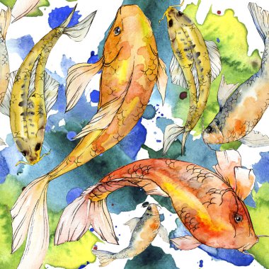 Sulu boya su sualtı renkli tropikal balık seti. Kızıldeniz ve egzotik balıkları içinde: altın balık. Aquarelle öğeler için arka plan, doku, sarıcı desen.
