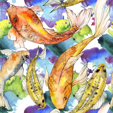 Sulu boya su sualtı renkli tropikal balık seti. Kızıldeniz ve egzotik balıkları içinde: altın balık. Aquarelle öğeler için arka plan, doku, sarıcı desen.