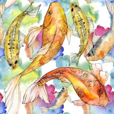 Sulu boya su sualtı renkli tropikal balık seti. Kızıldeniz ve egzotik balıkları içinde: altın balık. Aquarelle öğeler için arka plan, doku, sarıcı desen.