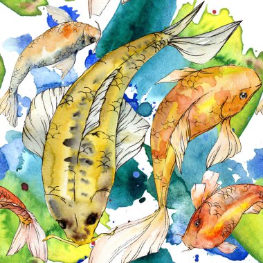 Sulu boya su sualtı renkli tropikal balık seti. Kızıldeniz ve egzotik balıkları içinde: altın balık. Aquarelle öğeler için arka plan, doku, sarıcı desen.