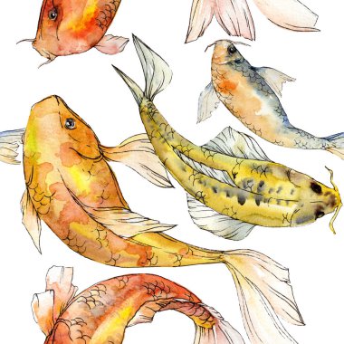 Sulu boya su sualtı renkli tropikal balık seti. Kızıldeniz ve egzotik balıkları içinde: altın balık. Aquarelle öğeler için arka plan, doku, sarıcı desen.