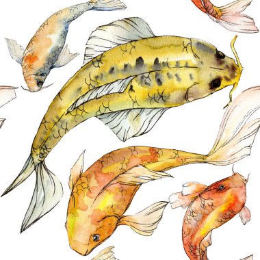 Sulu boya su sualtı renkli tropikal balık seti. Kızıldeniz ve egzotik balıkları içinde: altın balık. Aquarelle öğeler için arka plan, doku, sarıcı desen.