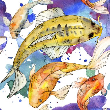 Sulu boya su sualtı renkli tropikal balık seti. Kızıldeniz ve egzotik balıkları içinde: altın balık. Aquarelle öğeler için arka plan, doku, sarıcı desen.