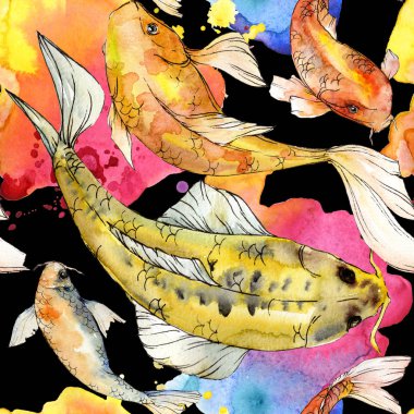 Sulu boya su sualtı renkli tropikal balık seti. Kızıldeniz ve egzotik balıkları içinde: altın balık. Aquarelle öğeler için arka plan, doku, sarıcı desen.
