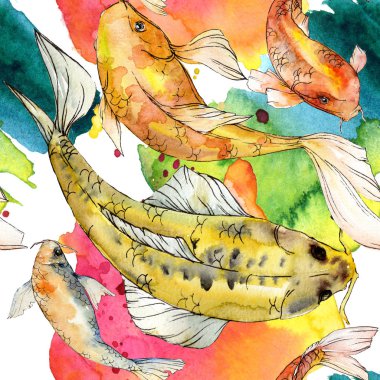 Sulu boya su sualtı renkli tropikal balık seti. Kızıldeniz ve egzotik balıkları içinde: altın balık. Aquarelle öğeler için arka plan, doku, sarıcı desen.