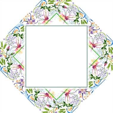 Suluboya arka plan illüstrasyon küme. Sulu boya boş çerçeve kenarlığı çiçek süsleme kopya alanı ile.