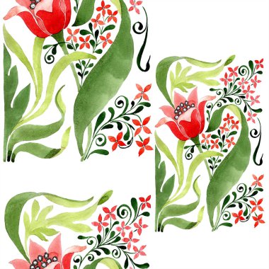 Kırmızı botanik çiçek. Vahşi bahar yaprak izole. Suluboya resim kümesi. Suluboya çizim moda aquarelle. Sorunsuz süsleme arka plan deseni. Kumaş duvar kağıdı yazdırma doku.