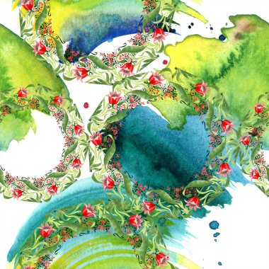 Kırmızı botanik çiçek. Vahşi bahar yaprak izole. Suluboya resim kümesi. Suluboya çizim moda aquarelle. Sorunsuz süsleme arka plan deseni. Kumaş duvar kağıdı yazdırma doku.