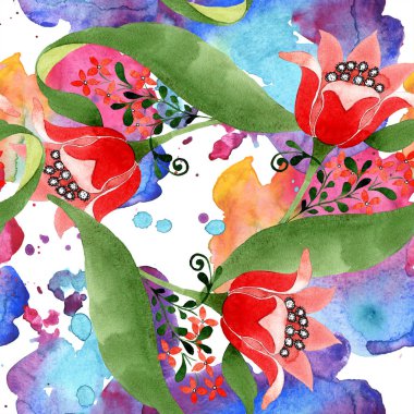 Kırmızı botanik çiçek. Vahşi bahar yaprak izole. Suluboya resim kümesi. Suluboya çizim moda aquarelle. Sorunsuz süsleme arka plan deseni. Kumaş duvar kağıdı yazdırma doku.
