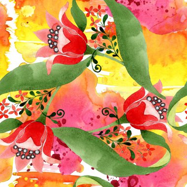 Kırmızı botanik çiçek. Vahşi bahar yaprak izole. Suluboya resim kümesi. Suluboya çizim moda aquarelle. Sorunsuz süsleme arka plan deseni. Kumaş duvar kağıdı yazdırma doku.