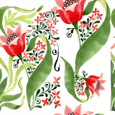 Kırmızı botanik çiçek. Vahşi bahar yaprak izole. Suluboya resim kümesi. Suluboya çizim moda aquarelle. Sorunsuz süsleme arka plan deseni. Kumaş duvar kağıdı yazdırma doku.