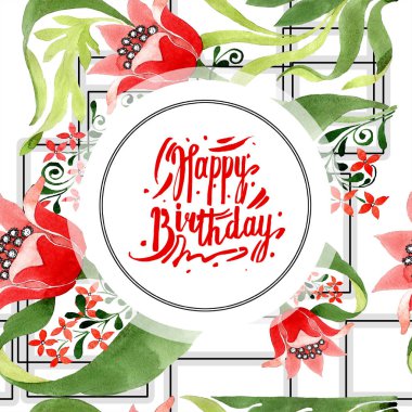 Kırmızı botanik çiçek. Vahşi bahar yaprak izole kır çiçeği. Suluboya arka plan illüstrasyon küme. Suluboya çizim moda aquarelle izole. Çerçeve kenarlığı süsleme Meydanı.