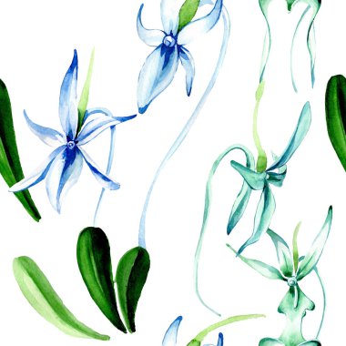 Mavi nadir orkide. Botanik çiçek. Vahşi bahar yaprak. Suluboya resim kümesi. Suluboya çizim moda aquarelle izole. Sorunsuz arka plan deseni. Kumaş duvar kağıdı yazdırma doku.