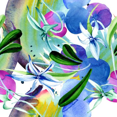 Mavi nadir orkide. Botanik çiçek. Vahşi bahar yaprak. Suluboya resim kümesi. Suluboya çizim moda aquarelle izole. Sorunsuz arka plan deseni. Kumaş duvar kağıdı yazdırma doku.