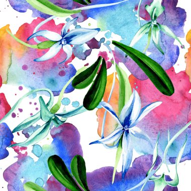 Mavi nadir orkide. Botanik çiçek. Vahşi bahar yaprak. Suluboya resim kümesi. Suluboya çizim moda aquarelle izole. Sorunsuz arka plan deseni. Kumaş duvar kağıdı yazdırma doku.