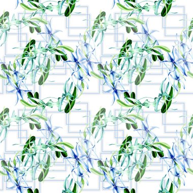 Mavi nadir orkide. Botanik çiçek. Vahşi bahar yaprak. Suluboya resim kümesi. Suluboya çizim moda aquarelle izole. Sorunsuz arka plan deseni. Kumaş duvar kağıdı yazdırma doku.