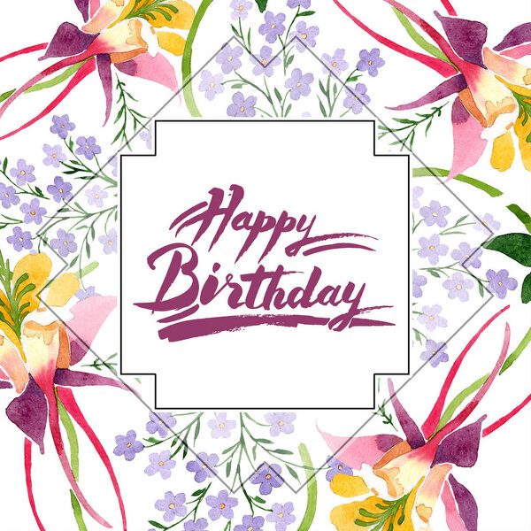 Watercolor background illustration set with floral ornament and happy birthday lettering 