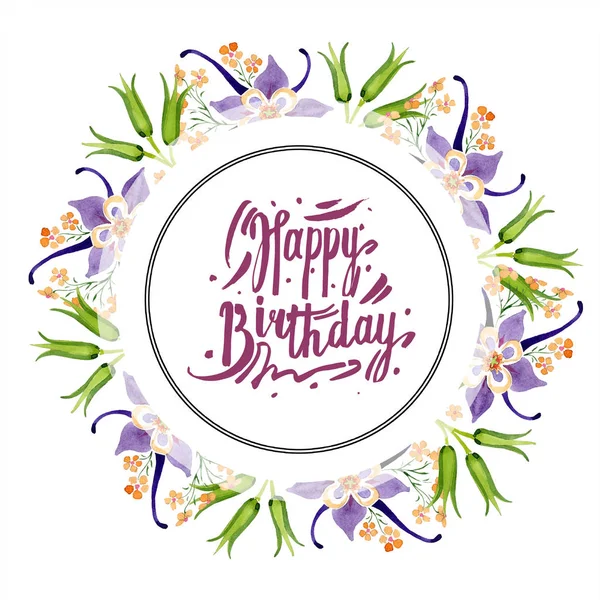 Watercolor Fundo Ilustração Conjunto Com Ornamento Floral Feliz Aniversário Lettering — Fotografia de Stock