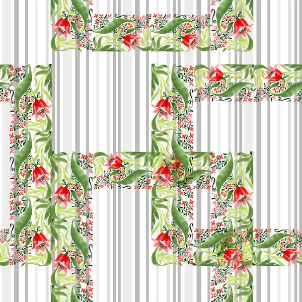 红色花卉植物学花 被隔绝的狂放的春天叶子 水彩插图集 水彩画时尚水彩画 无缝装饰背景图案 织物壁纸打印纹理 — 图库照片