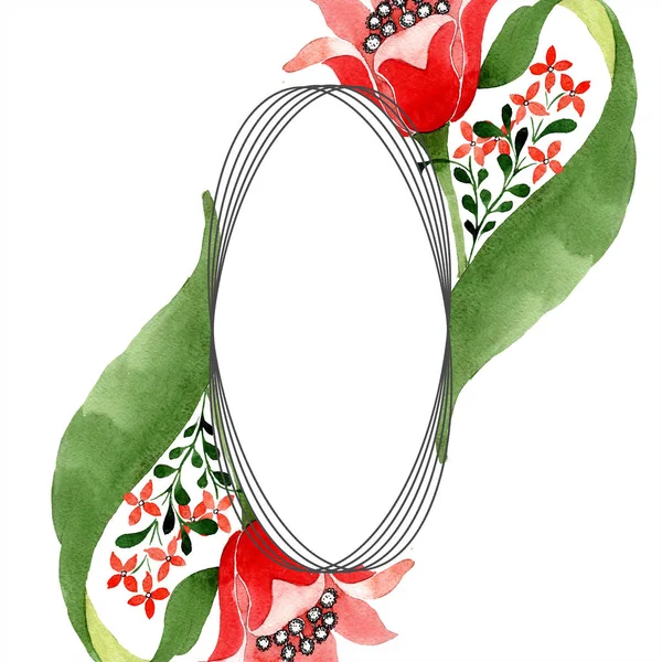 Kırmızı botanik çiçek. Vahşi bahar yaprak izole kır çiçeği. Suluboya arka plan illüstrasyon küme. Suluboya çizim moda aquarelle izole. Çerçeve kenarlığı süsleme Meydanı.