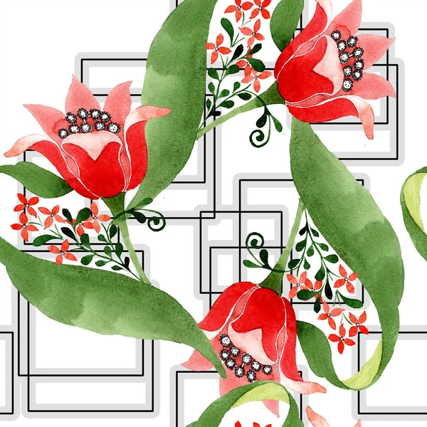 赤い花植物の花 野生春葉が分離されました 水彩イラスト セット 水彩描画ファッション Aquarelle シームレスな飾り背景パターン 壁紙印刷手触りの生地 — ストック写真